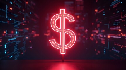 Dynamic red neon dollar sign with abstract tech background for fintech startup ventures and investments