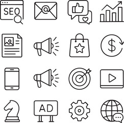 Digital Marketing icon set. Online promotion and advertising related line icons. SEO, email, social media, analytics, content, campaign, , branding, conversion, mobile and marketing . Editable stroke.