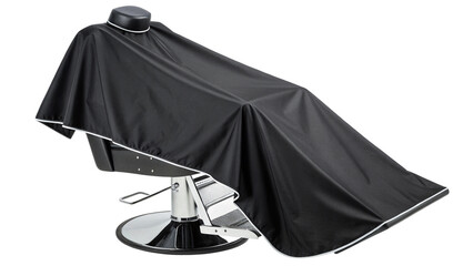 A black barber cape draped over a salon chair, isolated on transparent background