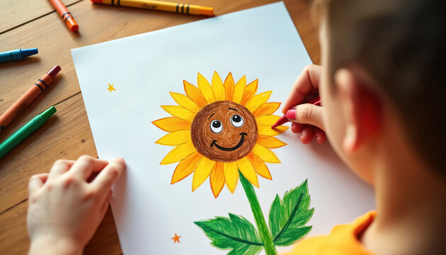 Child draws smiling sunflower with crayons. Creative kid colors bright yellow petals, green stem. Art activity for Down Syndrome awareness event.
