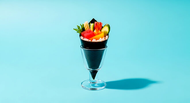 a vibrant and colorful temaki hand-roll, standing upright in a glass holder, showcasing its cone shape and fresh ingredients like tuna and cucumber 