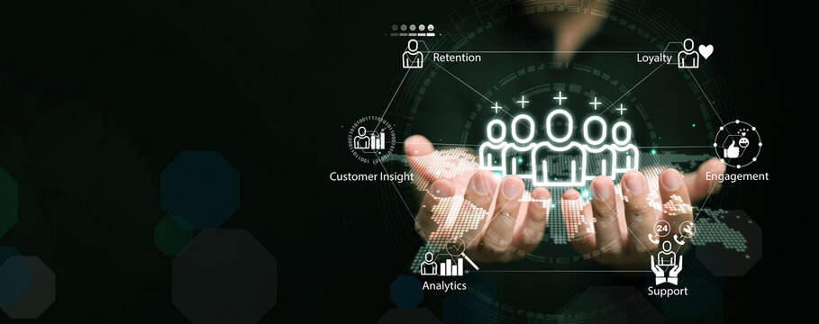 Digital CRM system interface showing customer insight, loyalty, engagement, and retention analytics concept for business growth and smart customer relationship management.