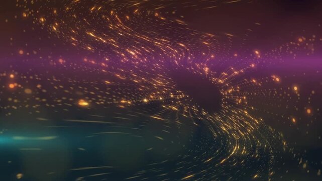Golden particles accelerating into stream, spiraling around magenta ribbon and forming vortex