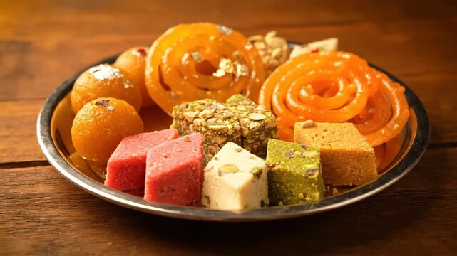 Assortment of Indian Sweets and Desserts on a Platter.