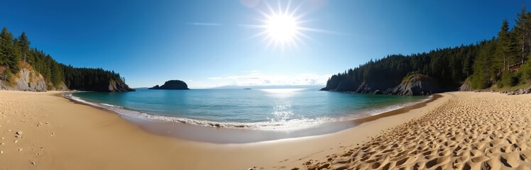 Sandy beach panorama, calm turquoise water, rocky cliffs, pine forest. Clear blue sky, bright sun shining over calm ocean bay. Idyllic coastal landscape with natural beauty, great for travel