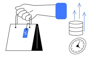 Hand holding shopping bag with percentage tag, growth arrows, clock, and database representing sales, retail trends, savings. Ideal for e-commerce, marketing, discounts promotions growth