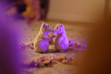 Romantic scene with plush mice hugging each other against the background of soft toys and flowers...