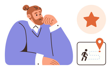 Pensive man resting on arm, goal map with location pin, and star for success. Ideal for planning, motivation, decision-making, self-reflection, goal-setting leadership and navigation. Simple flat