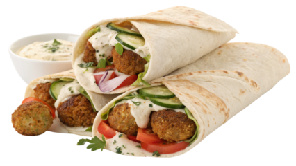 Three falafel wraps with tahini sauce and fresh vegetables, isolated on transparent background