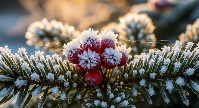 Close-up of red berries on a frosted pine branch with delicate ice crystals sparkling in the warm sunlight.