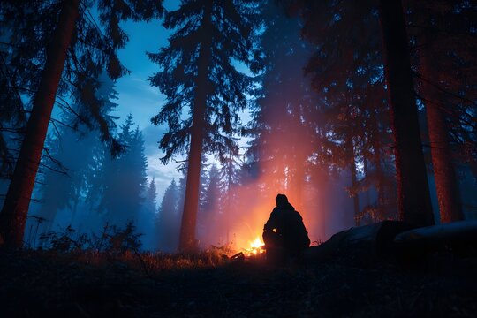 Solitary person sitting alone by a glowing campfire in a dark and moody forest
