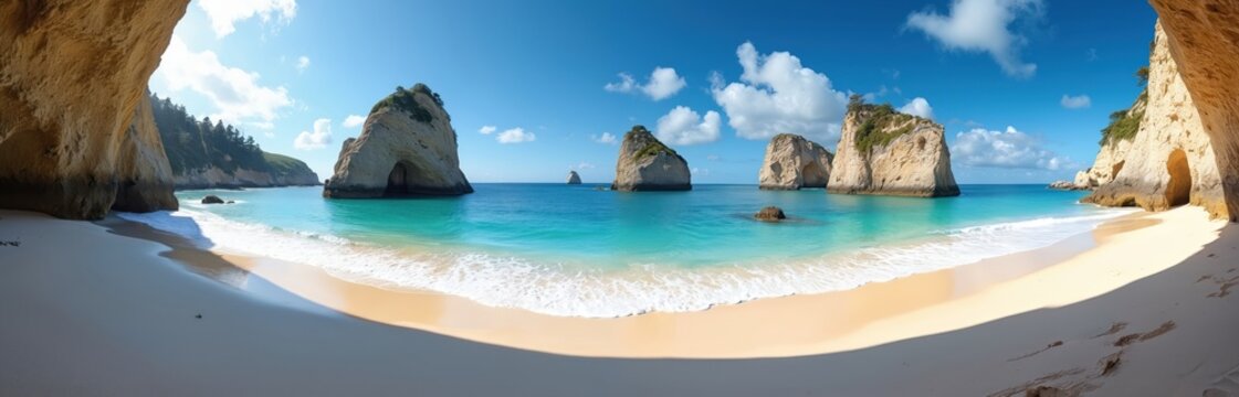 Panoramic view of beautiful calm turquoise ocean waters, white sand beach, and tall rock formations with caves. Sunlight illuminates the coastal landscape under a clear blue sky with scattered clouds. - Powered by Adobe