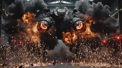 Advanced combat dropship navigating through a fiery cinematic explosion, showcasing futuristic warfare and destructive technology