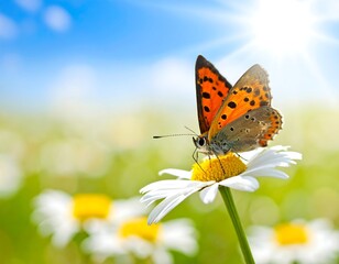 Obraz premium A vibrant butterfly with orange and brown wings perches on a white daisy, basking in sunlight
