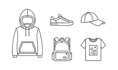 Casual Fashion Outfit Line Icons – Hoodie, Sneakers, Backpack and Cap Vector Set