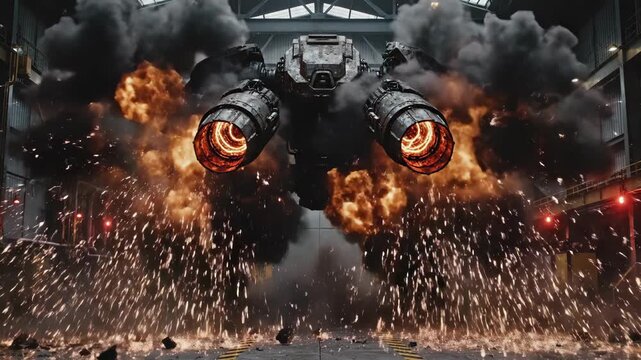 Advanced combat dropship navigating through a fiery cinematic explosion, showcasing futuristic warfare and destructive technology