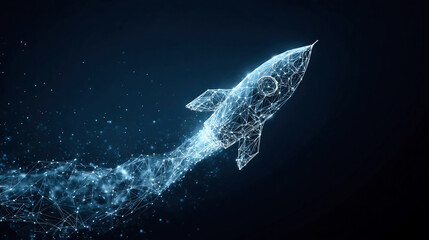 Digital rocket flies in orbit of planet Earth. Abstract light blue technological background. Spaceship in outer cosmos.