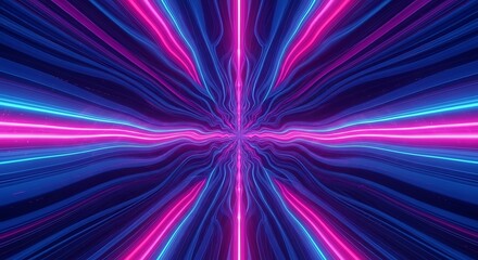 Abstract vibrant neon light streaks radiating from a central point in a dark background