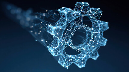Abstract Technology Gear in Digital Low Poly Blue Wireframe Style. Cog Wheel. Connected Dots, Lines