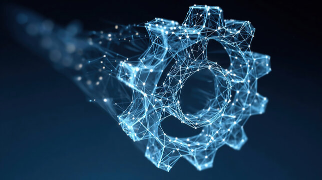 Abstract Technology Gear in Digital Low Poly Blue Wireframe Style. Cog Wheel. Connected Dots, Lines