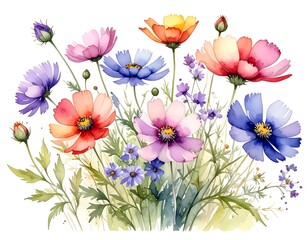 A vibrant watercolor painting of colorful wildflowers, buds, and delicate green foliage