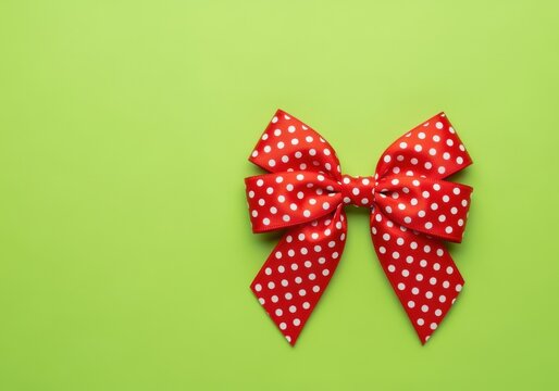 A festive red ribbon bow with a white polka dot pattern. Top view flat lay on a green background. Holiday gift decoration with copy space for text - Powered by Adobe