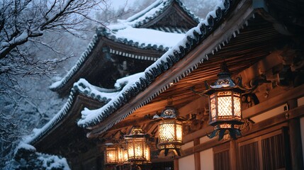 Fototapeta premium Traditional Japanese temple covered in snow with glowing lanterns
