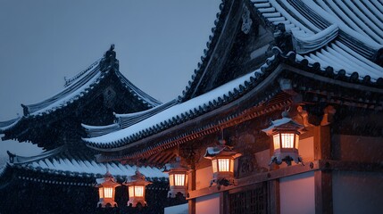 Traditional Japanese temple covered in snow with glowing lanterns