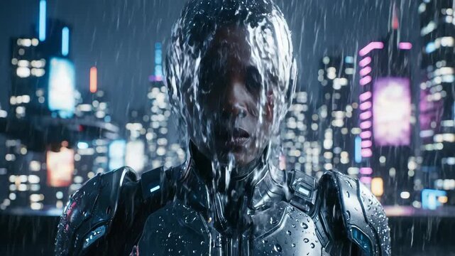 Futuristic Cyberpunk Portrait A Portrait of a Person Amidst a Rain-Drenched Cityscape with Neon Lights