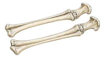 Two articulated fossilized dinosaur forelimbs isolated on transparent background