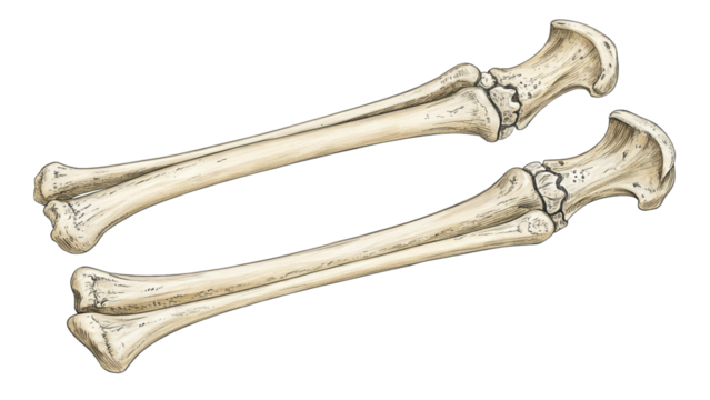 Two articulated fossilized dinosaur forelimbs isolated on transparent background