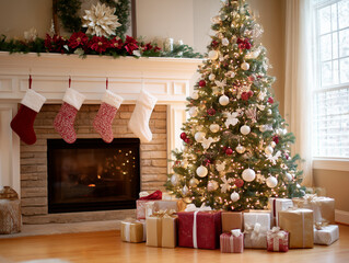 Living room decorated with Christmas decorations on Christmas Eve. Group of gift boxes in beautiful packaging. Christmas tree with string of lights and ornaments. Fireplace with blazing fire