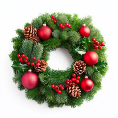 Christmas pine wreath with pinecones and ornaments. Round fir wreath decorated with holly berries and christmas balls isolated on white background