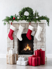 Stone fireplace decorated for Christmas. Christmas fireplace with roaring fire. Garland of pine branches on mantelpiece, with hanging Christmas stockings. Stack of gift boxes in front of fireplace