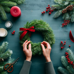 Woman creates round Christmas wreath on wooden table, top view. Woman's hands weave decorative Christmas wreath from pine branches. Cones, rope, candles and fir twigs are on table, flat lay style