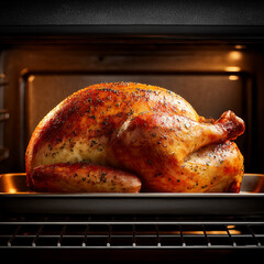 Close-up of juicy roasted turkey in baking pan after broiling in oven cavity. Open modern oven with roasted whole Christmas turkey inside. Traditional holiday meal for Thanksgiving and Christmas