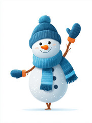 Full body portrait of happy snowman with welcoming gesture. Snowperson wearing knitted hat, scarf and mittens, smiles joyfully, isolated on white background. Snowman waves hello with his hand raised