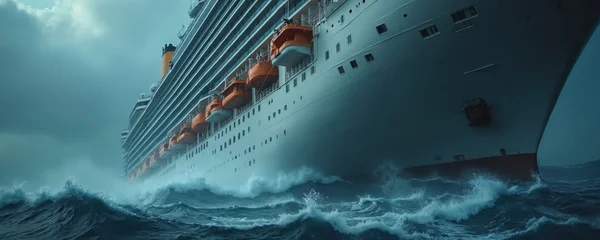 Keuken achterwand Schipbreuk Massive cruise ship tilts steeply in rough ocean waves, lifeboats visible on side. Nautical disaster, maritime emergency at sea, travel danger, extreme weather storm at sea.  © Vadym
