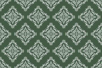 Seamless pixel art geometric pattern with white diamond cross-stitch motifs on a deep green background, inspired by traditional folk embroidery.