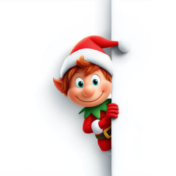 Cheerful christmas elf peeks out from behind corner. Cartoon character dressed as Santa's elf, partially (head and shoulders) poking out from side from behind white wall, isolated on white background