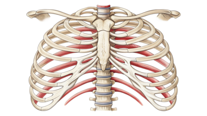 An anatomical illustration of the human rib cage with intercostal muscles, isolated on transparent background
