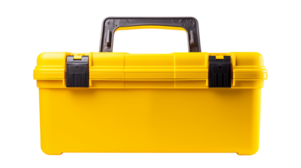 A bright yellow toolbox with a black handle and latches on a black background in a studio shot