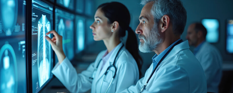 Two doctors review patient scans on a large monitor wall. A woman points to an xray, a man with grey beard concentrates on results. They work in a modern medical facility analyzing disease.