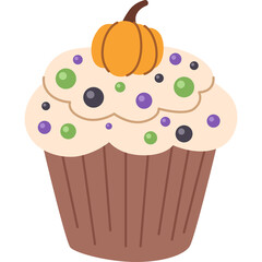 Pixel Art Halloween Cupcake With Cream Frosting And Pumpkin Topper Decorated With Purple Green And Black Sprinkles On Transparent Background