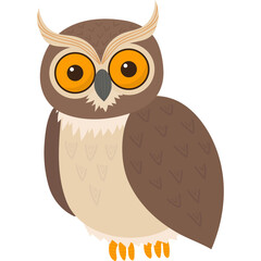 Pixel Art Illustration of A Cute Brown Owl With Big Orange Eyes and Yellow Beak Standing Against A Transparent Background