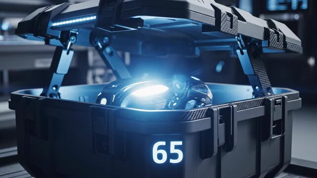Futuristic glowing orb inside an open sci-fi container with digital display showing the number 65