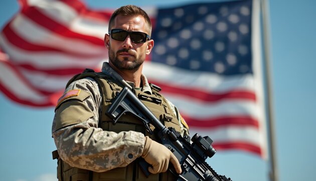US soldier in camouflage uniform holds assault rifle. Wears tactical vest, sunglasses. Man stands proudly against American flag under clear sky, embodying national defense, strength, military service.