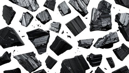 Irregular black stone pieces are scattered in the dark space, showcasing their rough texture and angular shapes