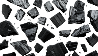 Irregular black stone pieces are scattered in the dark space, showcasing their rough texture and angular shapes