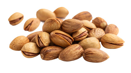 A pile of almonds with shells, isolated on transparent background